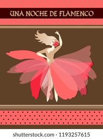 Spanish ballerina with red flower in blonde hair dressed in puff-skirt costume dancing Spain national dance. Flamenco night (inspiration in Spanish). Concert poster, invitation card. Art Deco style.