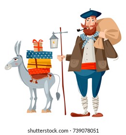 Spanish (Basque) Christmas Tradition. Olentzero and a little donkey loaded with gifts. Vector illustration