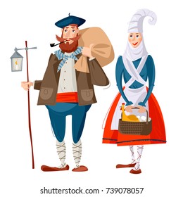 Spanish (Basque) Christmas Tradition. Olentzero and Mari Domingi. Traditional Christmas characters in Basque country and Navarre. Vector illustration
