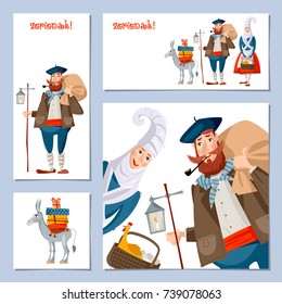Spanish (Basque) Christmas Tradition. Set of 4 Christmas greeting cards with Olentzero, Mari Domingi and a little donkey loaded with gifts. Vector illustration