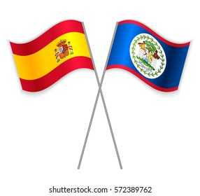 Spanish and Belizean crossed flags. Spain combined with Belize isolated on white. Language learning, international business or travel concept.