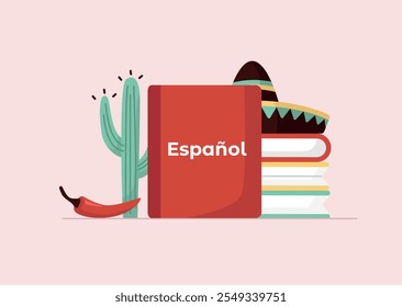 Livro espanhol cercado de cuctus, sombrero, pimenta. Conceito de estudo de língua estrangeira. O texto "Español" em espanhol significa "espanhol". Ilustração vetorial em estilo plano.