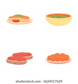 Spanish breakfast icons set cartoon vector. Traditional spanish cuisine dish. Mediterranean cuisine