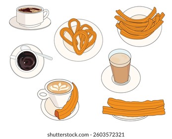 Spanish breakfast set. Cups of coffee, hot chocolate and plates of churros