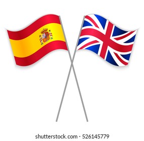 Spanish and British crossed flags. Spain combined with United Kingdom isolated on white. Language learning, international business or travel concept.