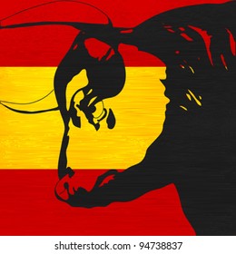 Spanish Bull, Black bovine head over the flag of Spain