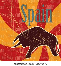 Spanish bull on grungy background - postcard