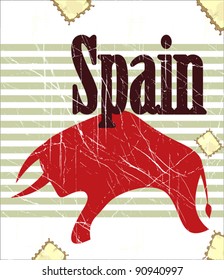 Spanish bull on grungy background - postcard