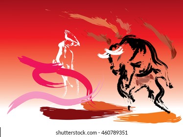 The Spanish bullfighter in a bullring with a bull





