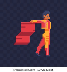 Spanish bullfighter with a red cape pixel art character, man matador isolated vector illustration. 8-bit sprite. Design stickers, logo, mobile app.