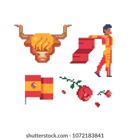 Spanish bullfighter with a red cloth and flying roses, man matador pixel art character, bull head and flag Spain isolated vector illustration. 8-bit sprite. Design stickers, logo, mobile app.