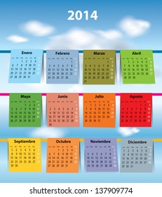 Spanish calendar for 2014 like laundry on the clothline. Mondays first. Vector illustration