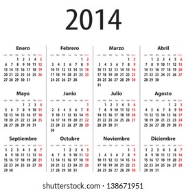 Spanish Calendar for 2014. Mondays first. Bold digits. Vector illustration