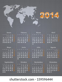 Spanish calendar for 2014 with world map on linen texture. Mondays first. Vector illustration