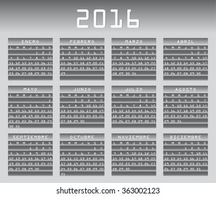 Spanish calendar 2016 greyscale vector