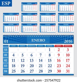 Spanish calendar 2016, horizontal calendar grid, vector