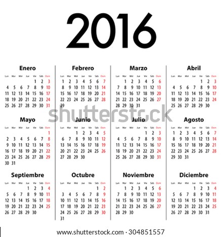 Spanish Calendar for 2016. Mondays first. Vector illustration