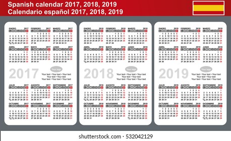 Calendario español 2017, 2018, 2019. Plantilla vectorial con lugar para Logotipo y texto simple. La semana empieza el lunes.