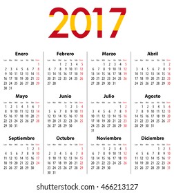 Spanish Calendar for 2017. Flag colors. Mondays first. Calendar grid for print, web design, presentation, business or office uses. Vector illustration