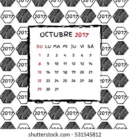 Spanish Calendar 2017. Football year. Hand drawn soccer pattern.