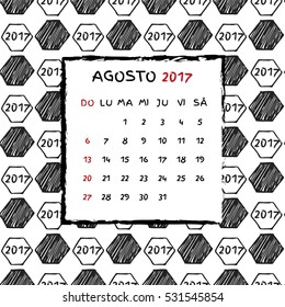 Spanish Calendar 2017. Football year. Hand drawn soccer pattern.