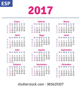 Spanish calendar 2017, horizontal calendar grid, vector 