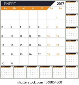 Spanish calendar 2017, Spanish planning calendar template 2017, set of 12 months, week starts on Monday, vector illustration