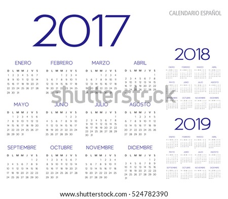 Spanish Calendar 2017-2018-2019 vector text is outline version 10