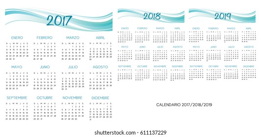 Spanish Calendar 2017-2018-2019 vector turquoise and blue text is outline
