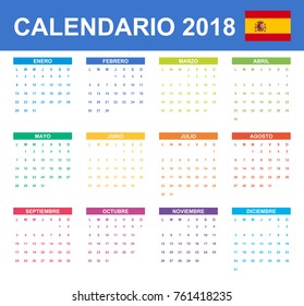 Spanish Calendar for 2018. Scheduler, agenda or diary template. Week starts on Monday