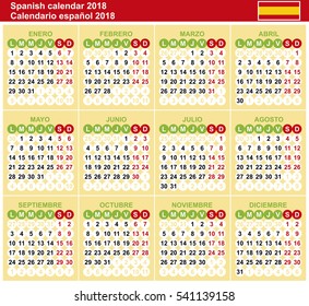 Spanish calendar 2018. Vector template. Numbers in circle. Yellow-green color.