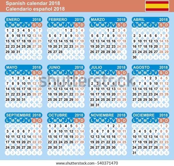 Spanish Calendar 18 Vector Template Numbers Stock Vector Royalty Free