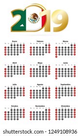 Spanish calendar 2019 with numbers in circles, week starts on Sunday. 2019 with flag of Mexico.