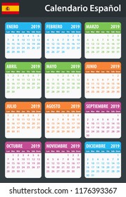 Spanish Calendar for 2019. Scheduler, agenda or diary template. Week starts on Monday