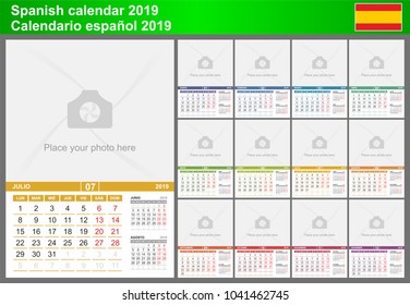 Spanish calendar 2019. Vector Template with Place for Photo. Week Starts Monday. 3 month.