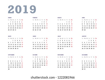 Spanish calendar 2019  week starts from Monday. Vector calendar design template. White background. Minimalism Style.