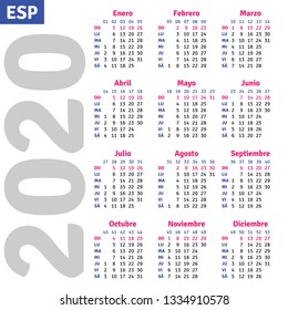 Spanish calendar 2020, vertical text calendar grid on white background, vector