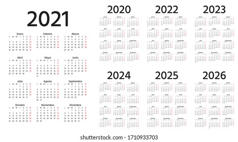 Calendário espanhol 2021, 2022, 2023, 2024, 2025, 2026, 2020 anos. Vetorial. A semana começa na segunda-feira. Calandras Espanha modelo simples. Orientação vertical do retrato. Organizador anual de papelaria. Ilustração.