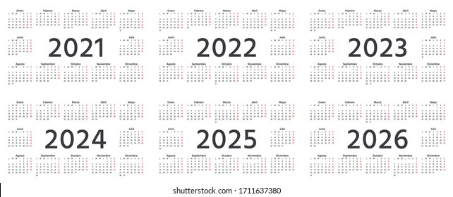 Spanish Calendar 2021, 2022, 2023, 2024, 2025, 2026 years. Week starts Monday. Vector. Spain calender template. Yearly stationery organizer. Horizontal landscape orientation. Simple illustration.