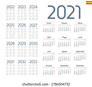 Spanish calendar 2021 - 2033 on white background. Vector illustration