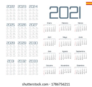 Spanish calendar 2021 - 2033 on white background, week starts on Sunday