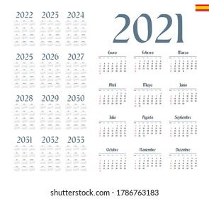 Spanish calendar 2021 - 2033 on white background, week starts on Sunday