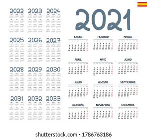 Spanish calendar 2021 - 2033 on white background. Vector illustration