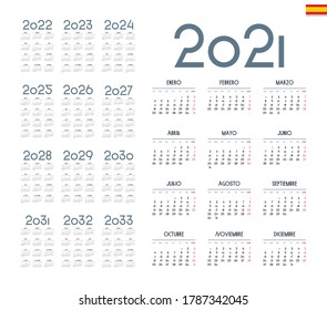 Spanish calendar 2021 - 2033 on white background. Vector illustration