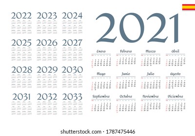 Spanish calendar 2021 - 2033 on white background, week starts on Sunday