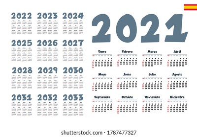 Spanish calendar 2021 - 2033 on white background, week starts on Sunday