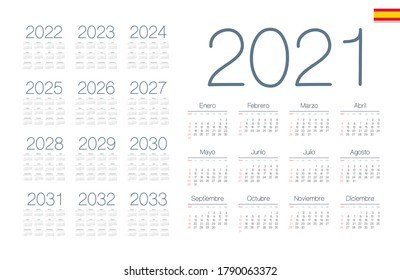 Spanish calendar 2021 - 2033 on white background, week starts on Sunday svg