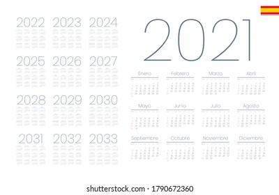 Spanish calendar 2021 - 2033 on white background, week starts on Sunday