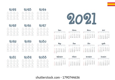 Spanish calendar 2021 - 2033 on white background, week starts on Sunday