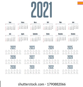 Spanish calendar 2021 - 2033 on white background, week starts on Sunday